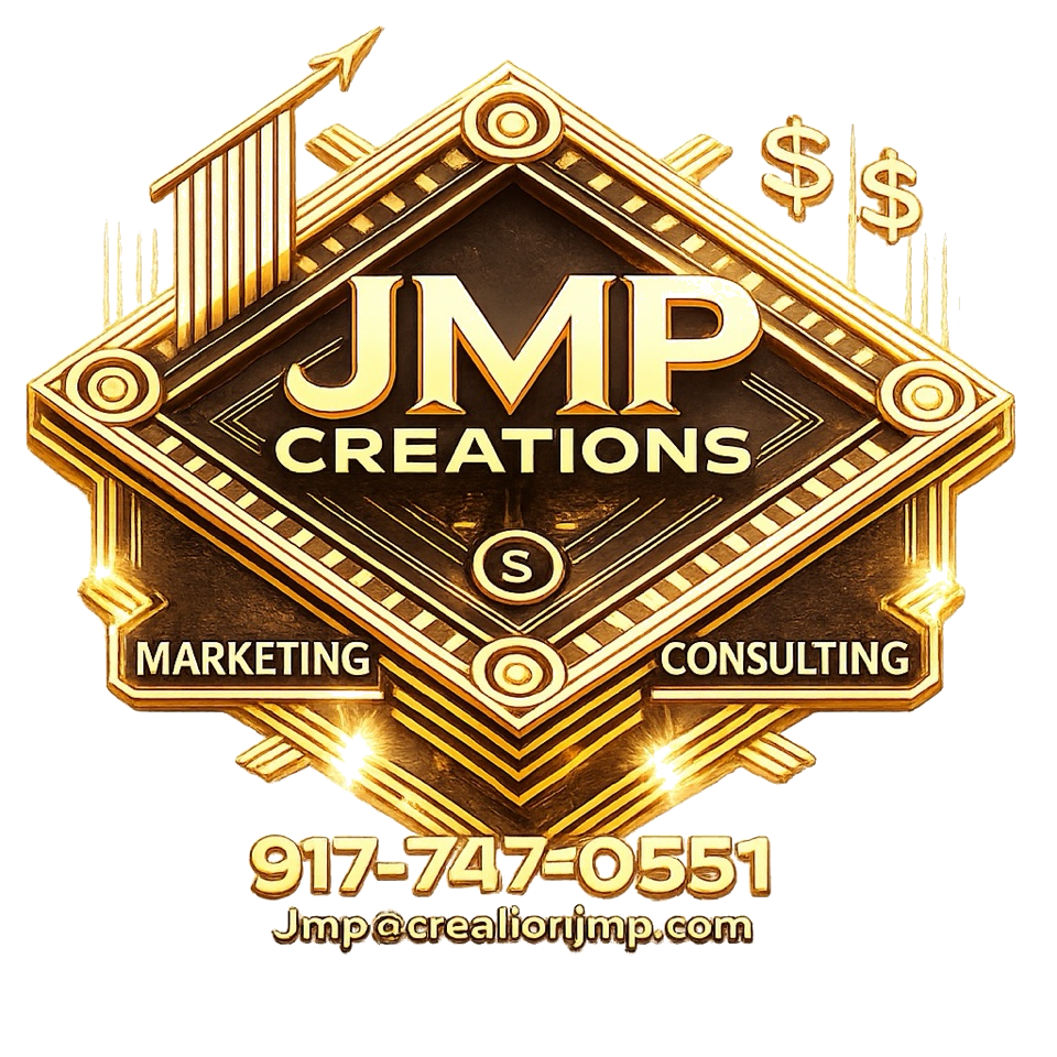 Logo completo de JMP Creations con teléfono y correo electrónico